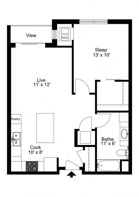 Floor plan for 1 bed, 1 bath, 789 sqft